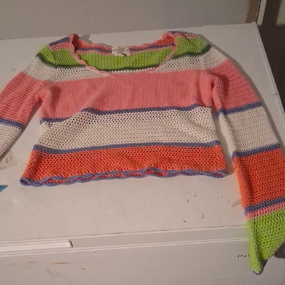 Hippie Rose Crochet Mesh Striped Sweater L | Y2K Boho Knit Pullover - Picture 2 of 8